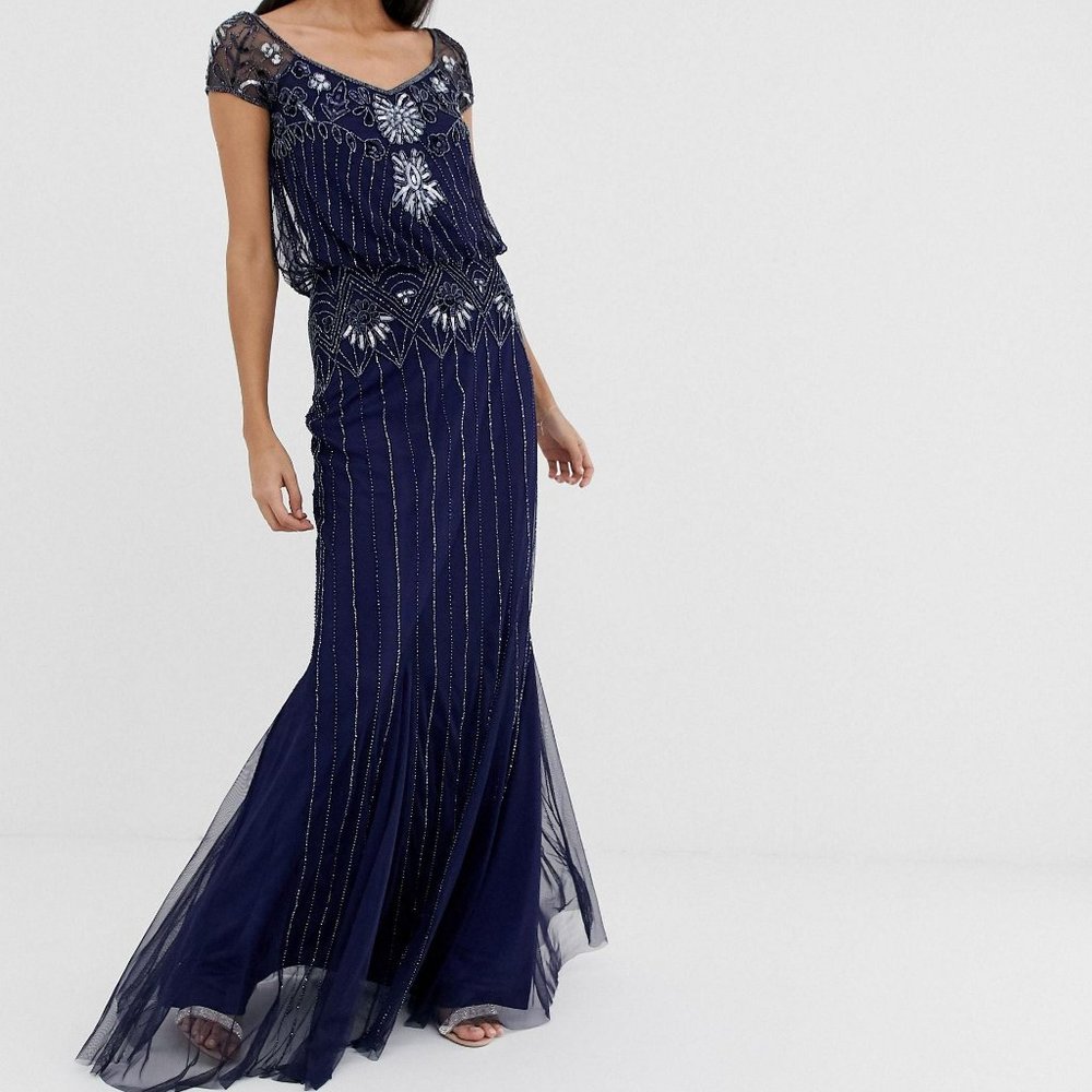 Amelia Rose Women's Blue Baroque Embellished Cap Sleeve Maxi Dress